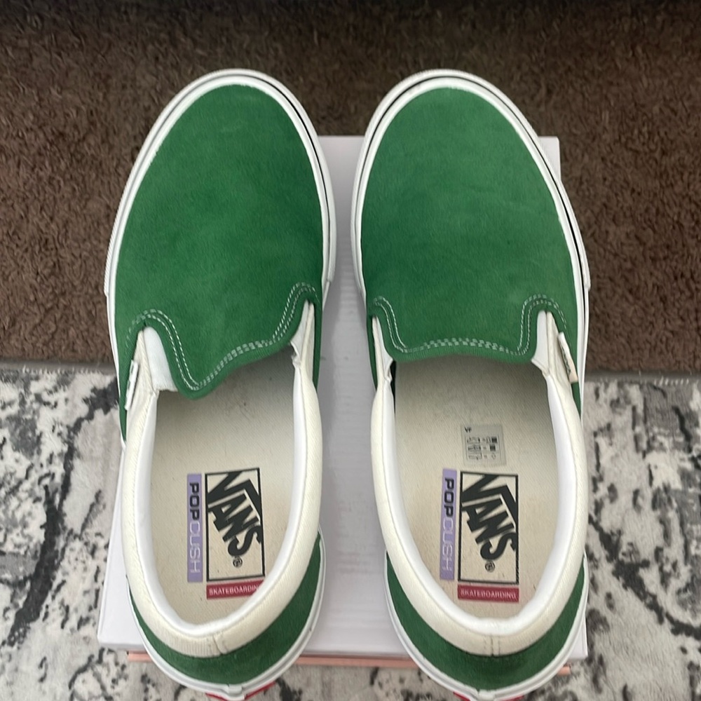Green and White Van slip on sneakers